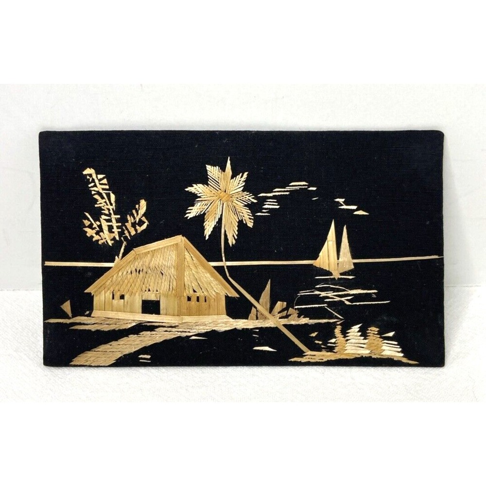Vtg Asian Bamboo Straw on Silk Art Picture House Sailboat Palm Tree